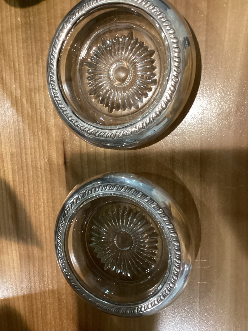Vintage Pressed Glass coasters with Silver Trim